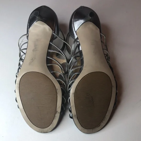 Enzo Angiolini Silver Strappy Leather Heels Elegant Design  Zipper Back 7 1/2M - Picture 9 of 15
